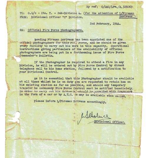 Albert Scrivens' official fireforce letter from 1944. Picture courtesy of Kent Fire and Rescue Service