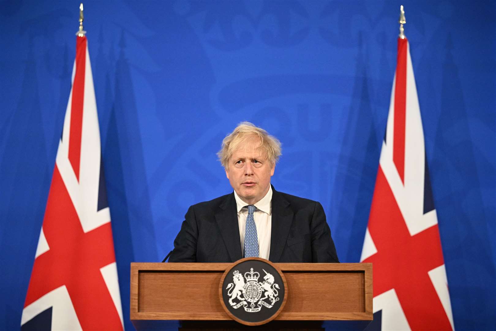 Then prime minister Boris Johnson speaks during a press conference in Downing Street, London, following the publication of Sue Gray’s report into Downing Street parties in Whitehall during the coronavirus lockdown (Leon Neal/PA)