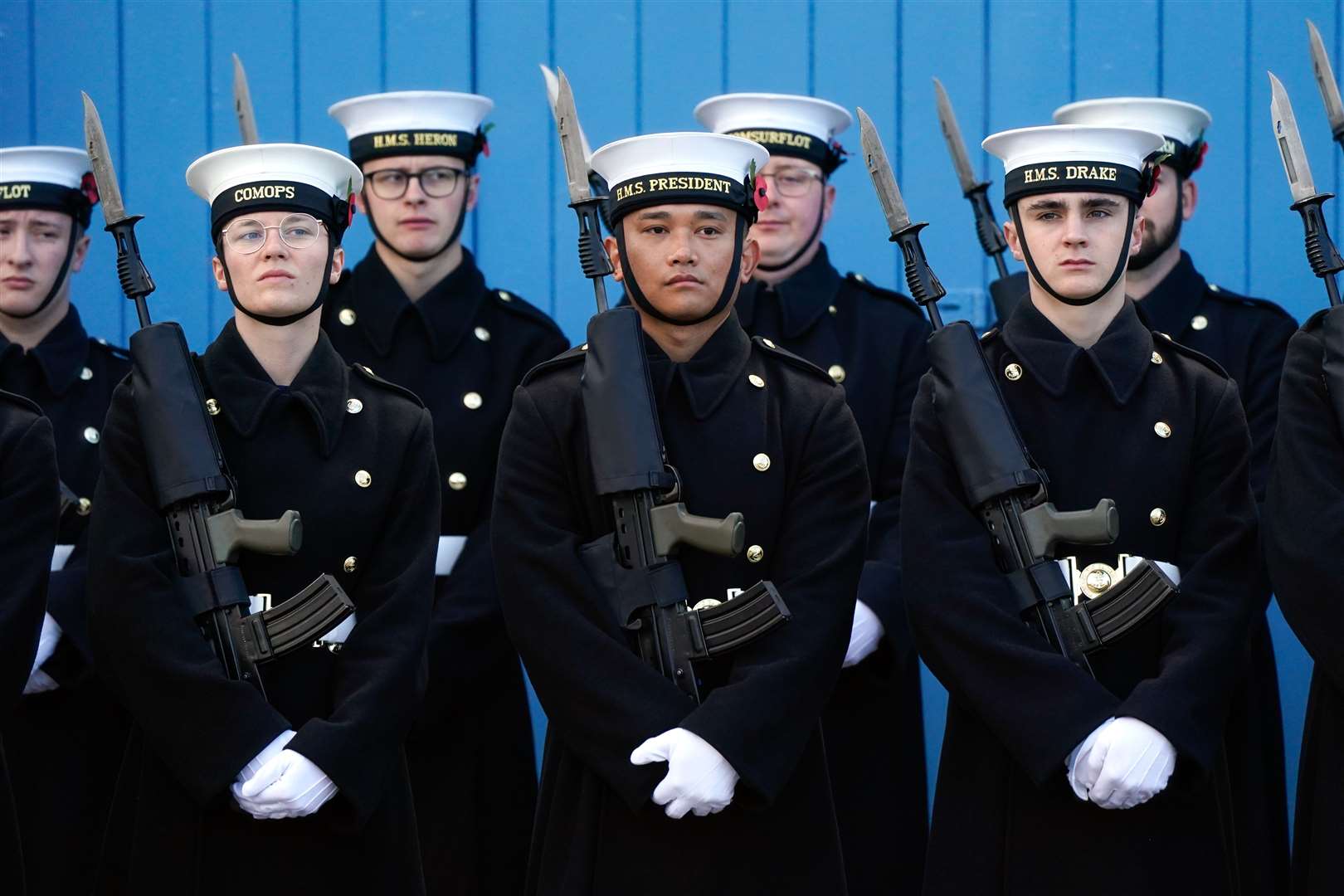 Royal Navy sailors and Royal Marines rehearse for Remembrance Sunday