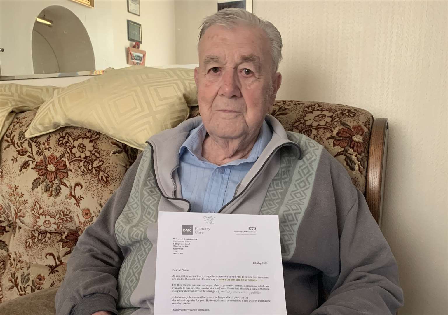 Vic Stone with his letter from Sheppey's DMC clinic saying his capsules would no longer be provided on prescription