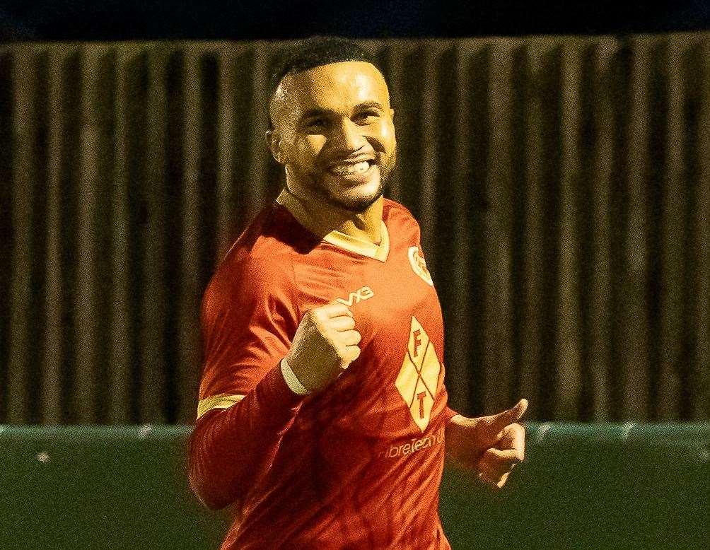 Dean Grant celebrates scoring the winner. Picture: Les Biggs