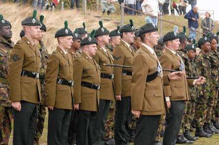 Members of the London Irish Rifles on parade at the service to commemorate the 70th anniversary of the last battle on the British mainland soil at Graveney Marshes near The Sportsman in September 1940.