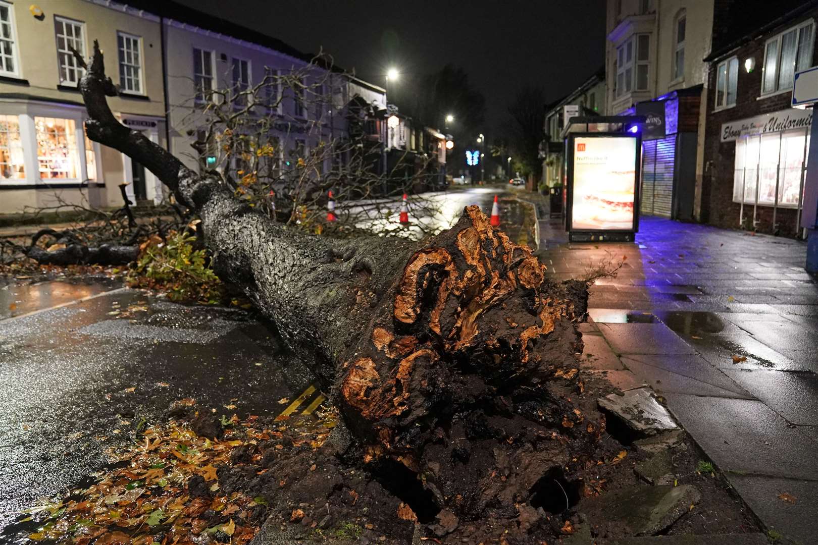 A fallen tree blocks a road in the centre of Norton village in Teesside (Owen Humphreys/PA)