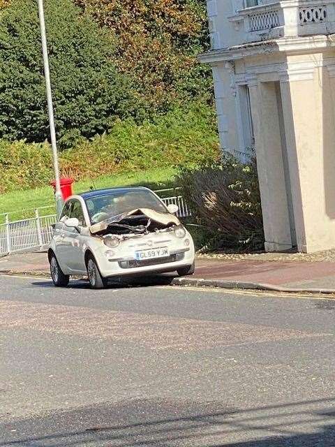 The damaged vehicle in Broadwater Lane, Tunbridge Wells