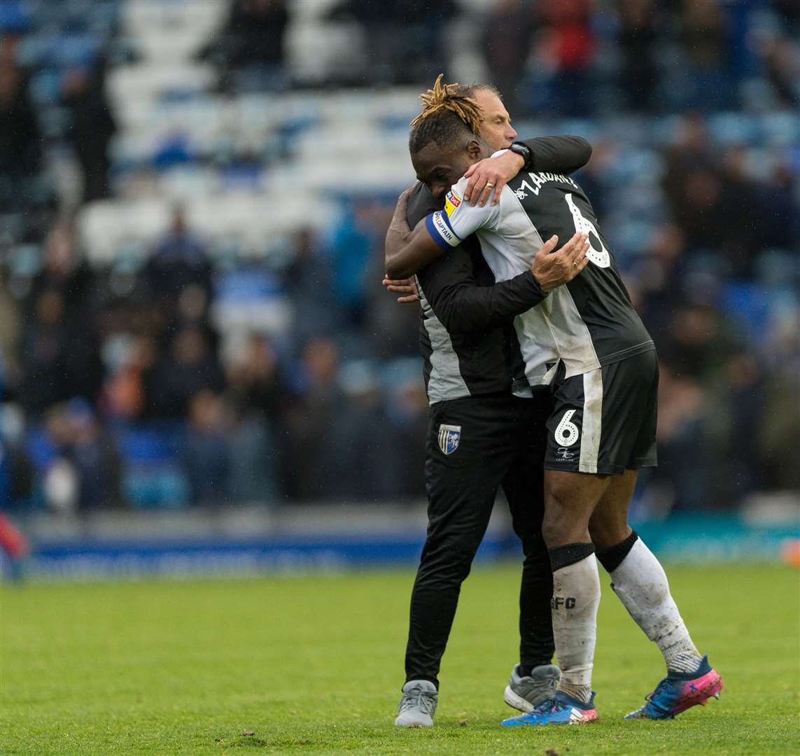 Manager Steve Lovell with Gabriel Zakuani after the 2-0 victory against Portsmouth Picture: Ady Kerry
