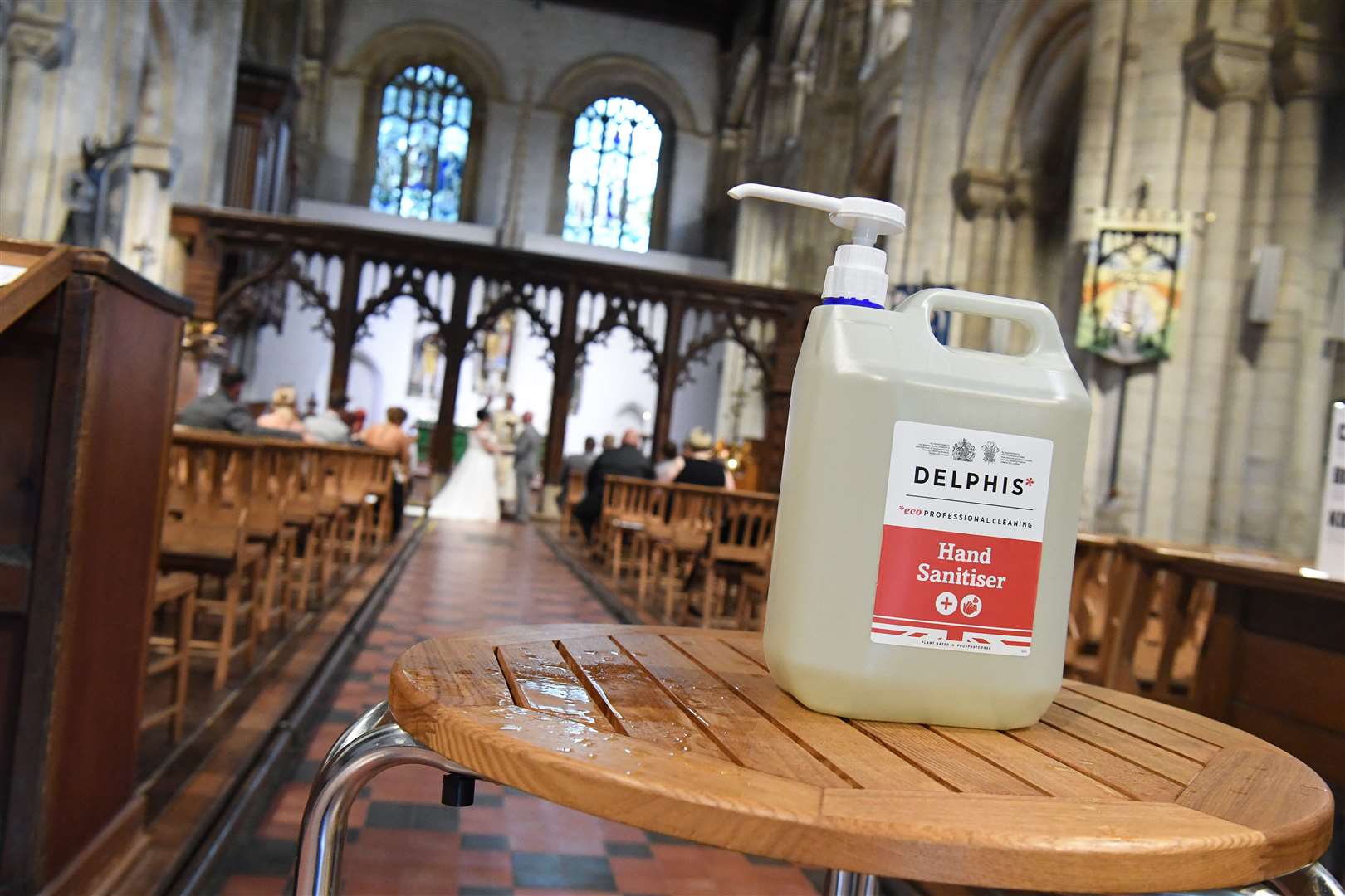 Hand sanitiser inside the Priory Church of St Peter, Dunstable, Bedfordshire (Kirsty O’Connor/PA)