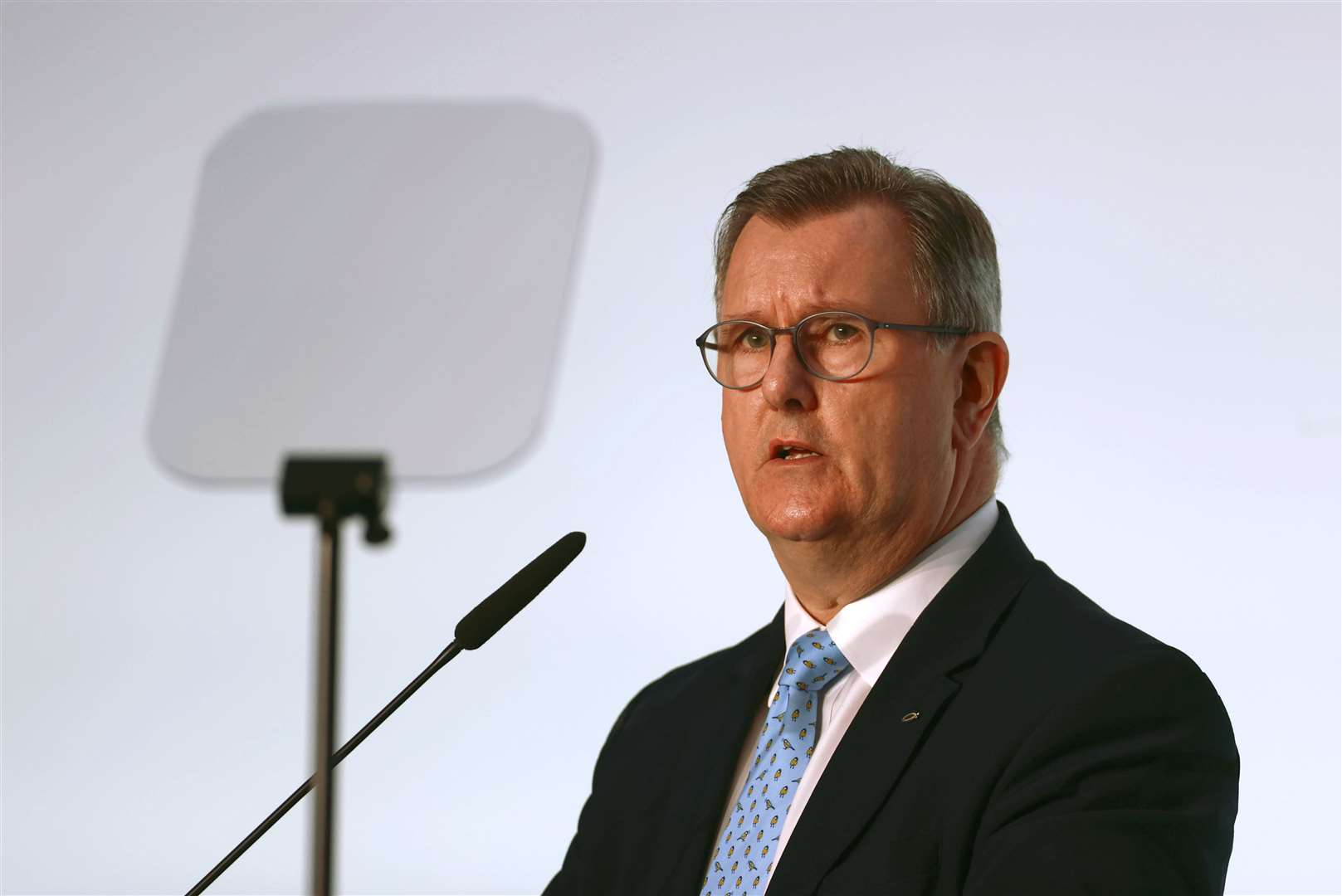 DUP leader Sir Jeffrey Donaldson delivers his keynote speech during his party’s annual conference at the Crowne Plaza Hotel in Belfast on Saturday. (Liam McBurney/PA)