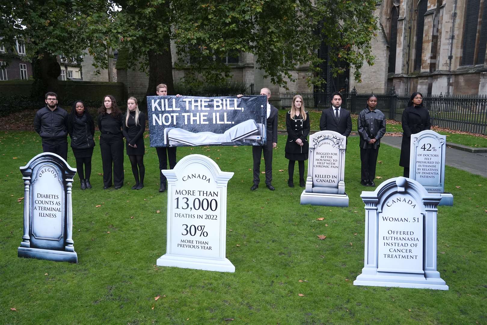 Opponents of a change in the law gathered outside Parliament on Wednesday (Lucy North/PA)