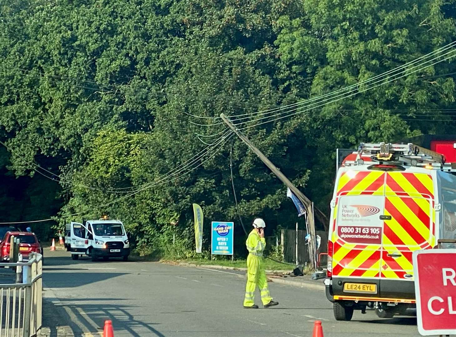 A car crashed into a power line in the early hours