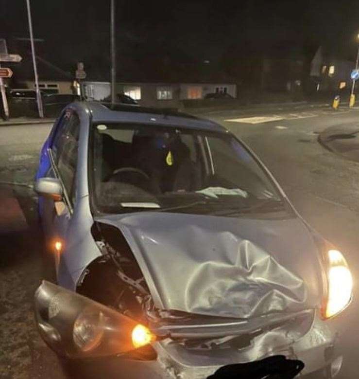 Car crash at the bottom of Barton Hill Drive. The car was later 'stolen' according to its owner