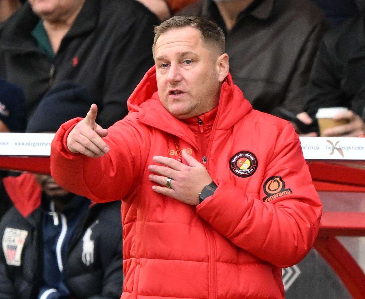 Ebbsfleet boss Dennis Kutrieb on the touchline during Sunday's FA Cup defeat to Fleetwood. Picture: Keith Gillard