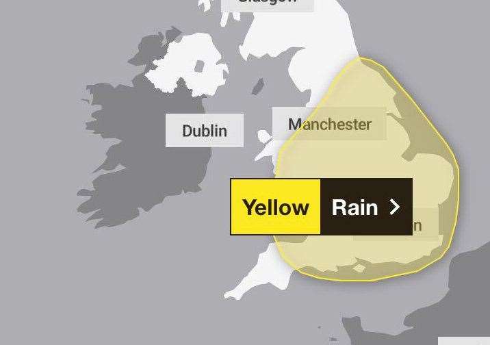 A yellow warning for rain has been issued for Monday across the whole of Kent. Picture: Met Office