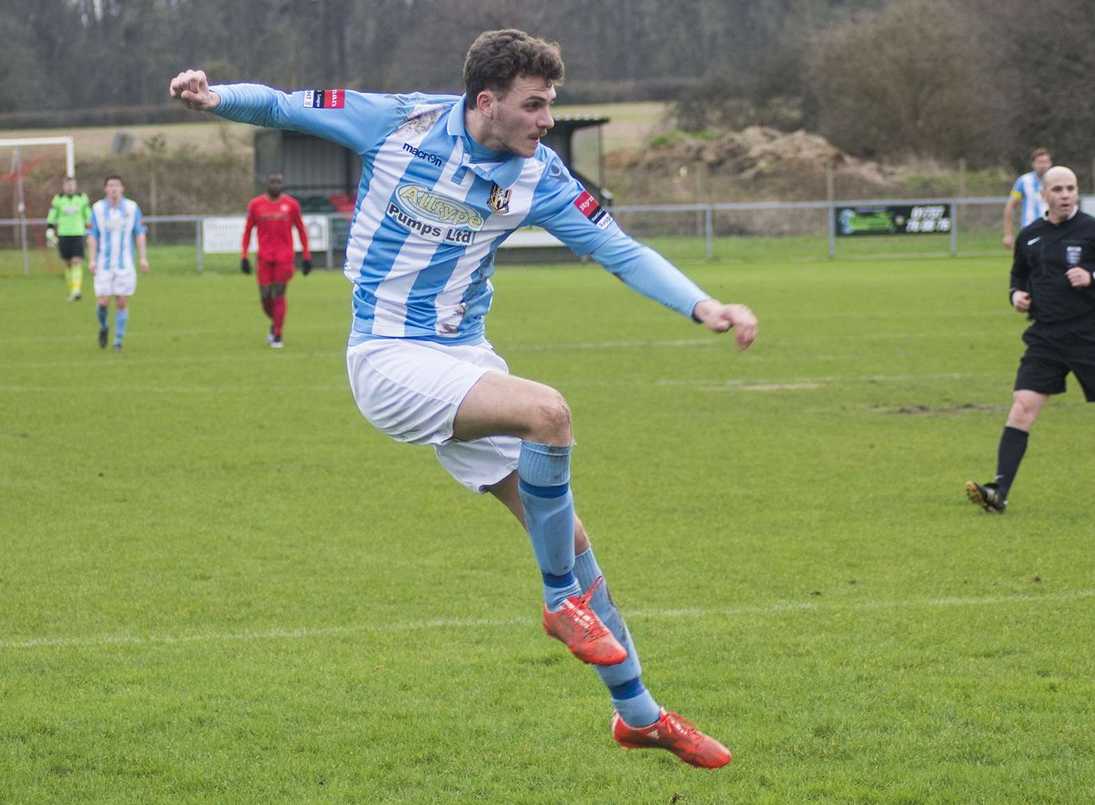 Folkestone's Harry Smith fires in one of his three goals at South Park Picture: Don Linkin