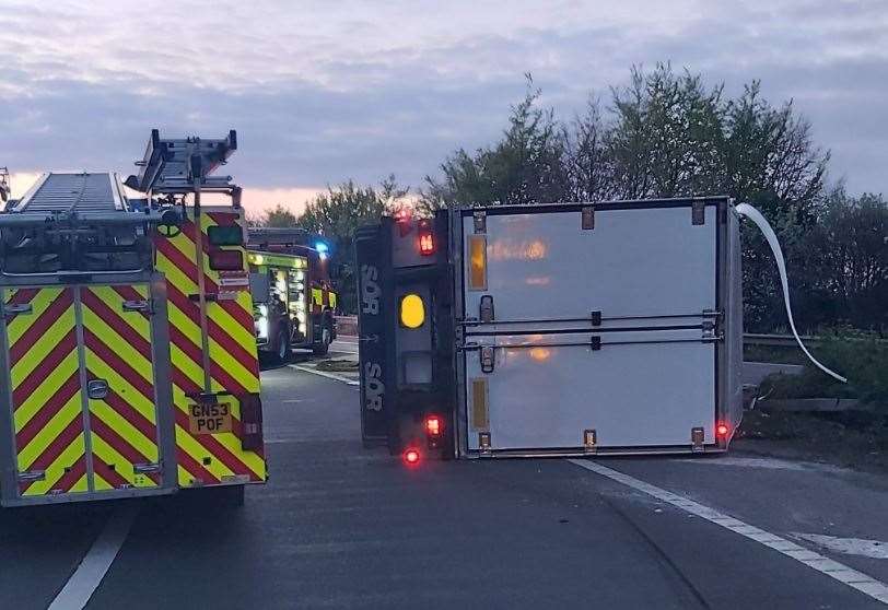 Overturned lorry on the M2 at Sittingbourne. Picture: Kent Police Twitter