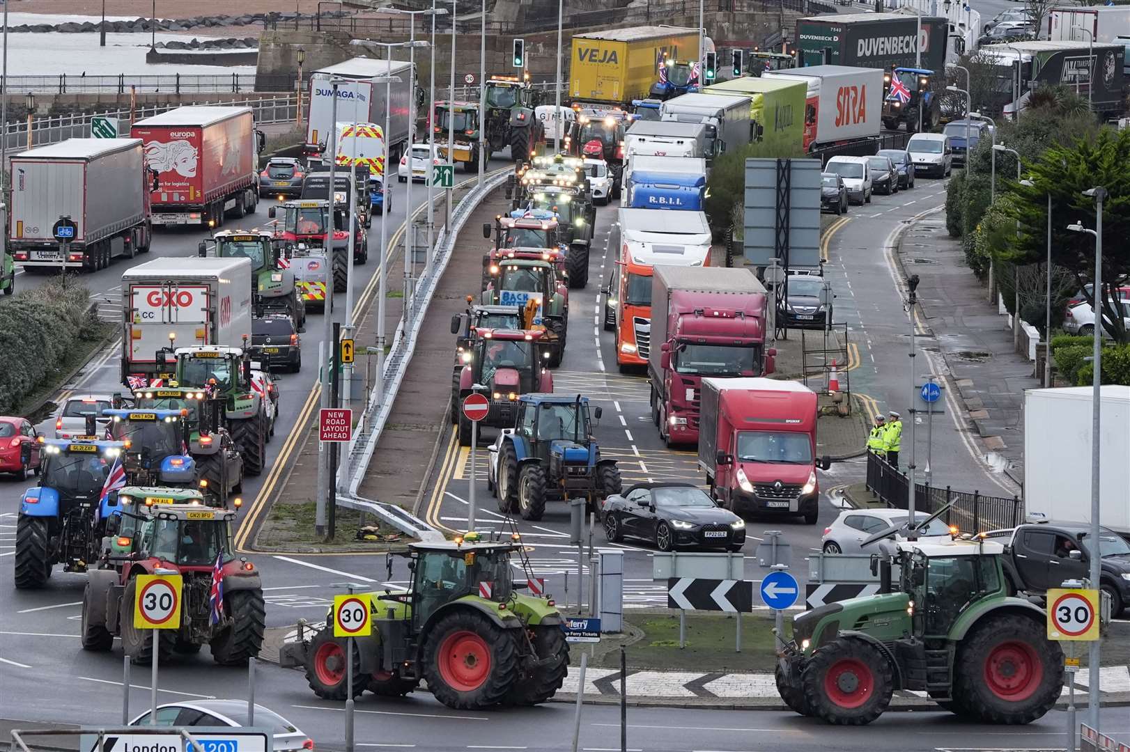 Farmers take part in a go-slow protest in Dover (Gareth Fuller/PA)