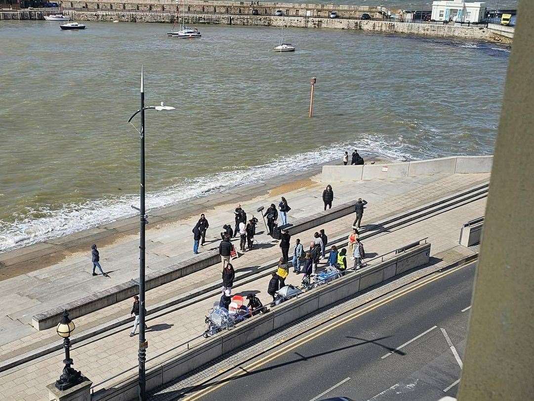 Film crews near Margate beach earlier this week. Picture: Azmi Abdullah