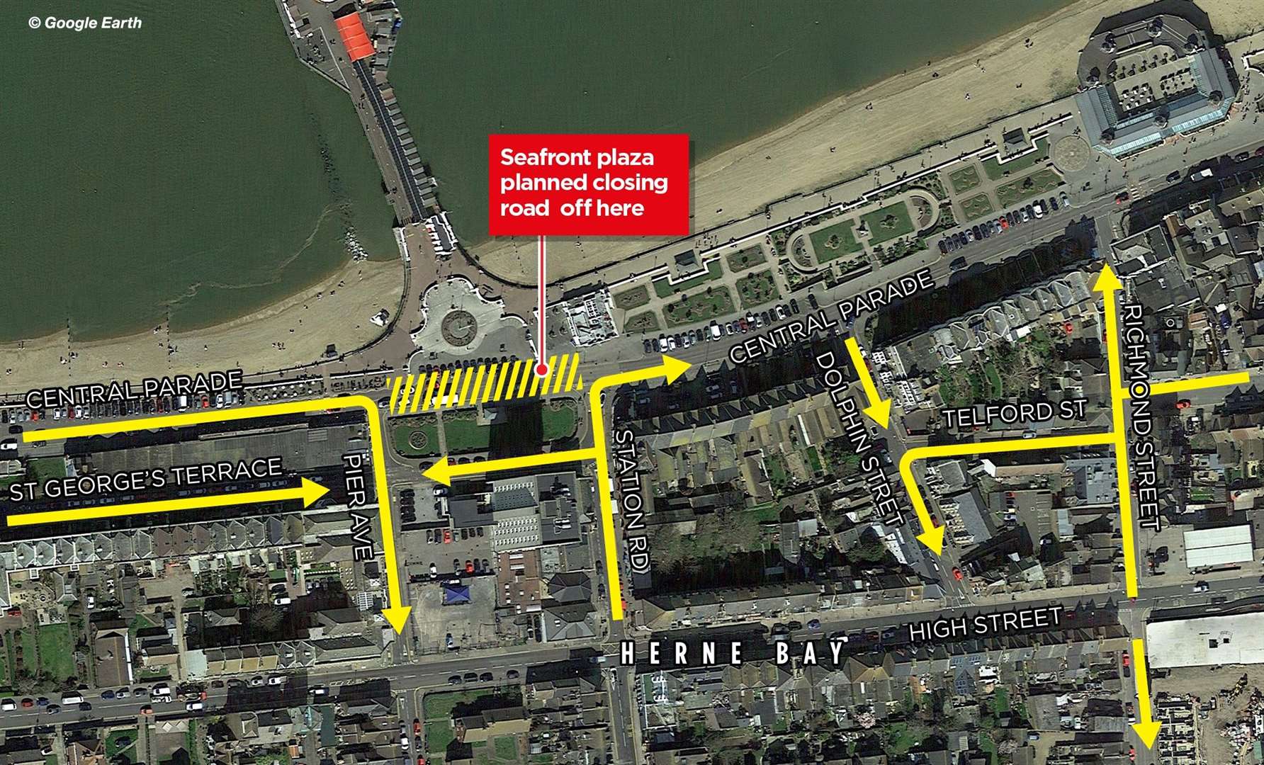 A graphic shows where the plaza will be created and which of the surrounding roads will be made one-way