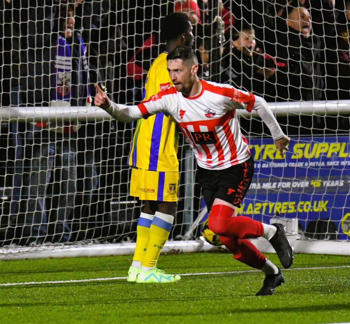 Sheppey striker Dan Bradshaw celebrates making it 3-3 against Sittingbourne on Boxing Day in Isthmian South East. Picture: Marc Richards