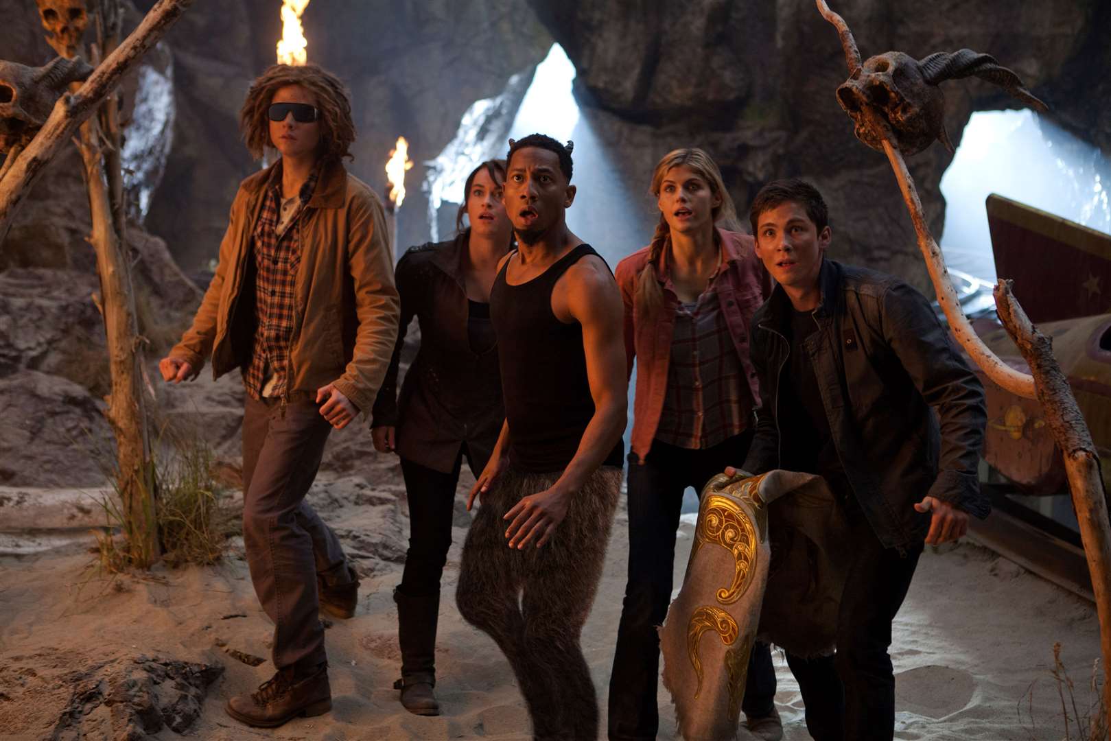 Logan Lerman as Percy Jackson, Douglas Smith as Tyson, Alexandra Daddario as Annabeth, Leven Rambin as Clarisse and Brandon T Jackson as Grover in Percy Jackson: Sea Of Monsters. Picture: PA Photo/Fox UK.