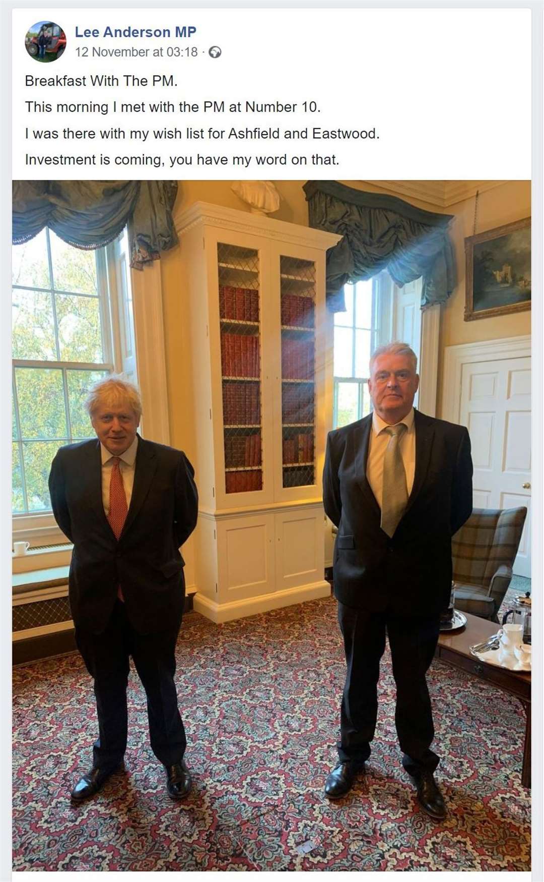 Mr Anderson posted a photo of himself at Downing Street with Boris Johnson on Facebook on Thursday November 12 (Lee Anderson/PA)