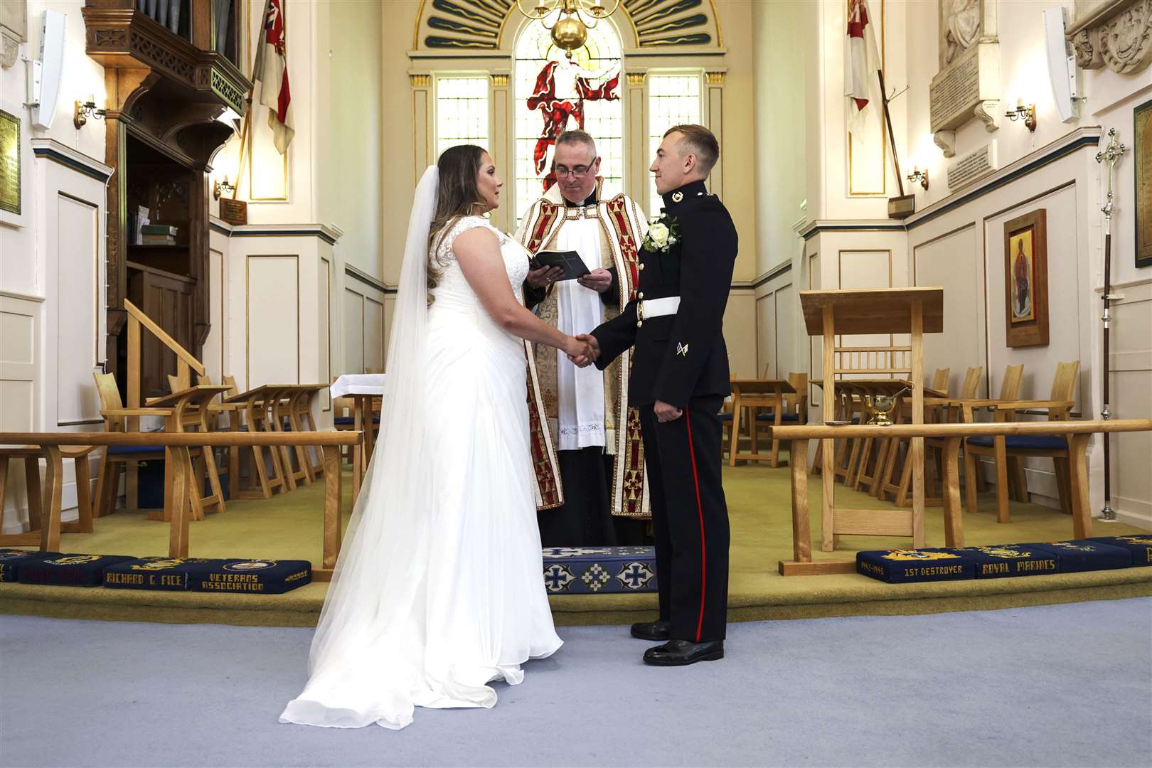 Lance Corporal Jake Kennedy and Petty Officer Naval Nurse (QARNNS) Jo Parke at St Ann’s Church (LPhot Ben Corbett/Royal Navy/PA)