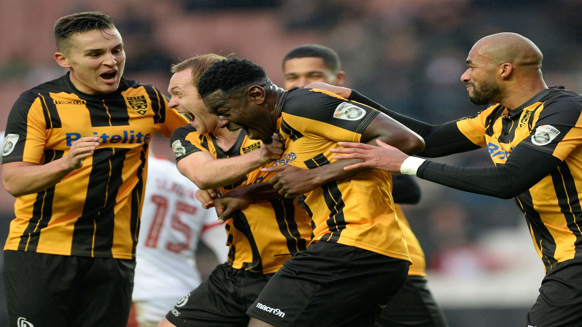 Maidstone celebrate Magnus Okuonghae's goal. Picture: Ady Kerry