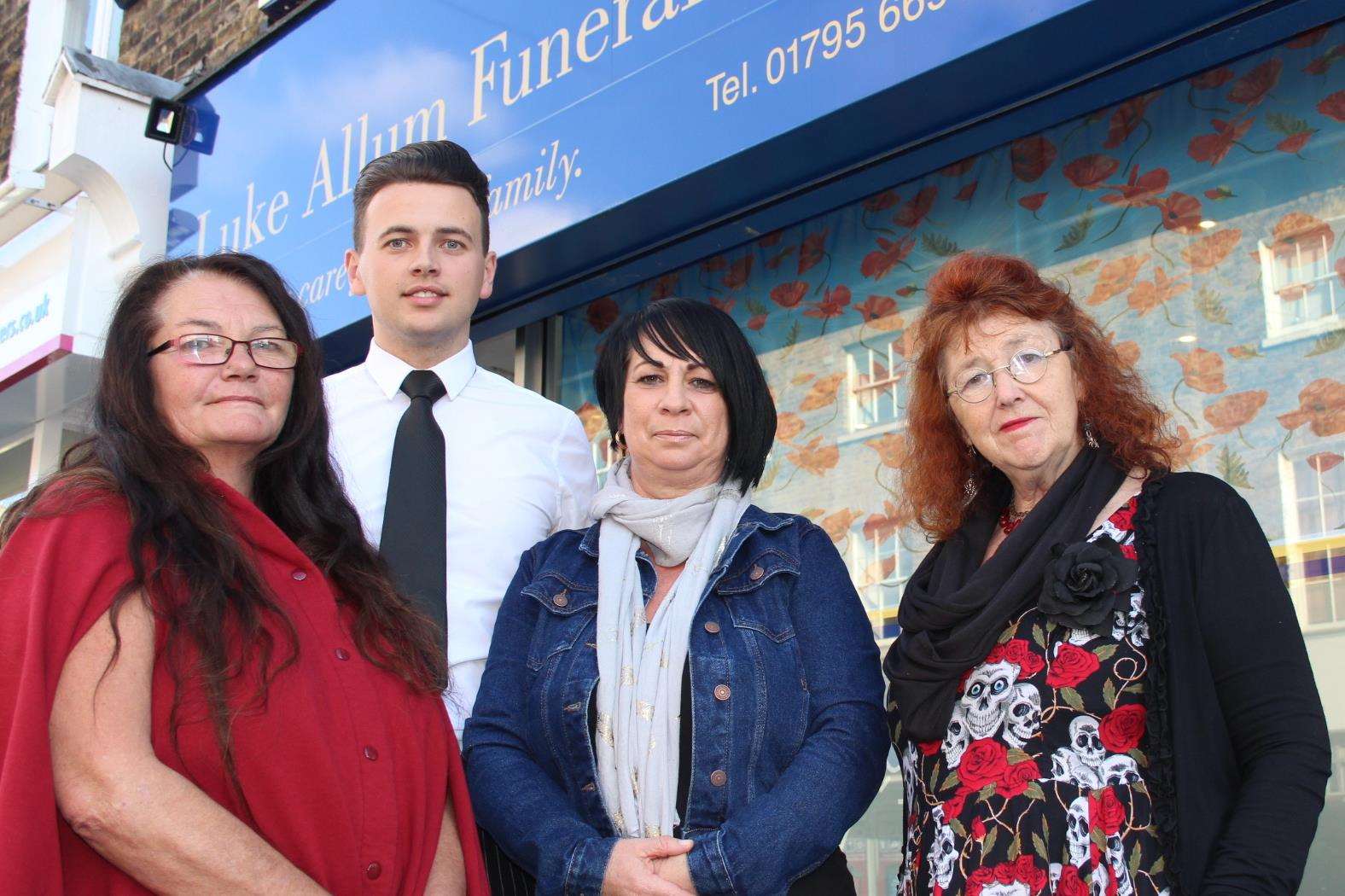 Sheppey funeral director Luke Allum has come to the rescue, pictured with Anne McManus' friend Vivienne Hudson, left, neighbour Chris Reed, right, and Tracy Jackson from Seabreeze caravan park