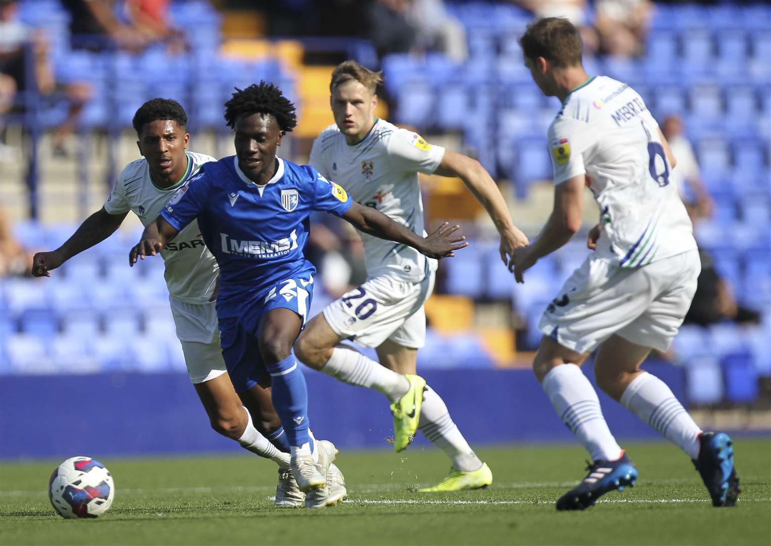 Gillingham's Jordan Green runs at the home defence. Picture: KPI