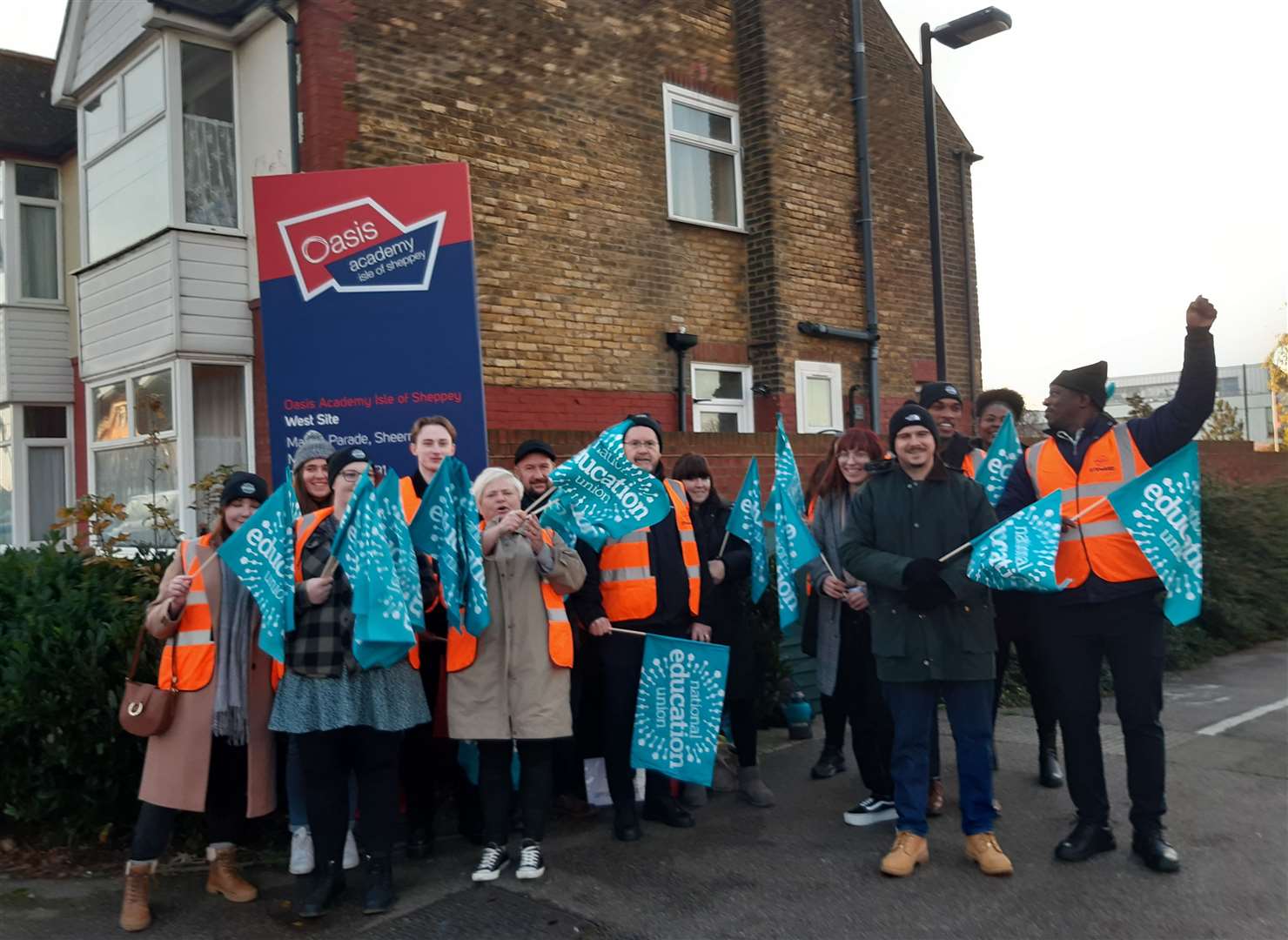 Teachers on the picket line outside Oasis Academy on the Isle of Sheppey in a strike over pupils' behaviour