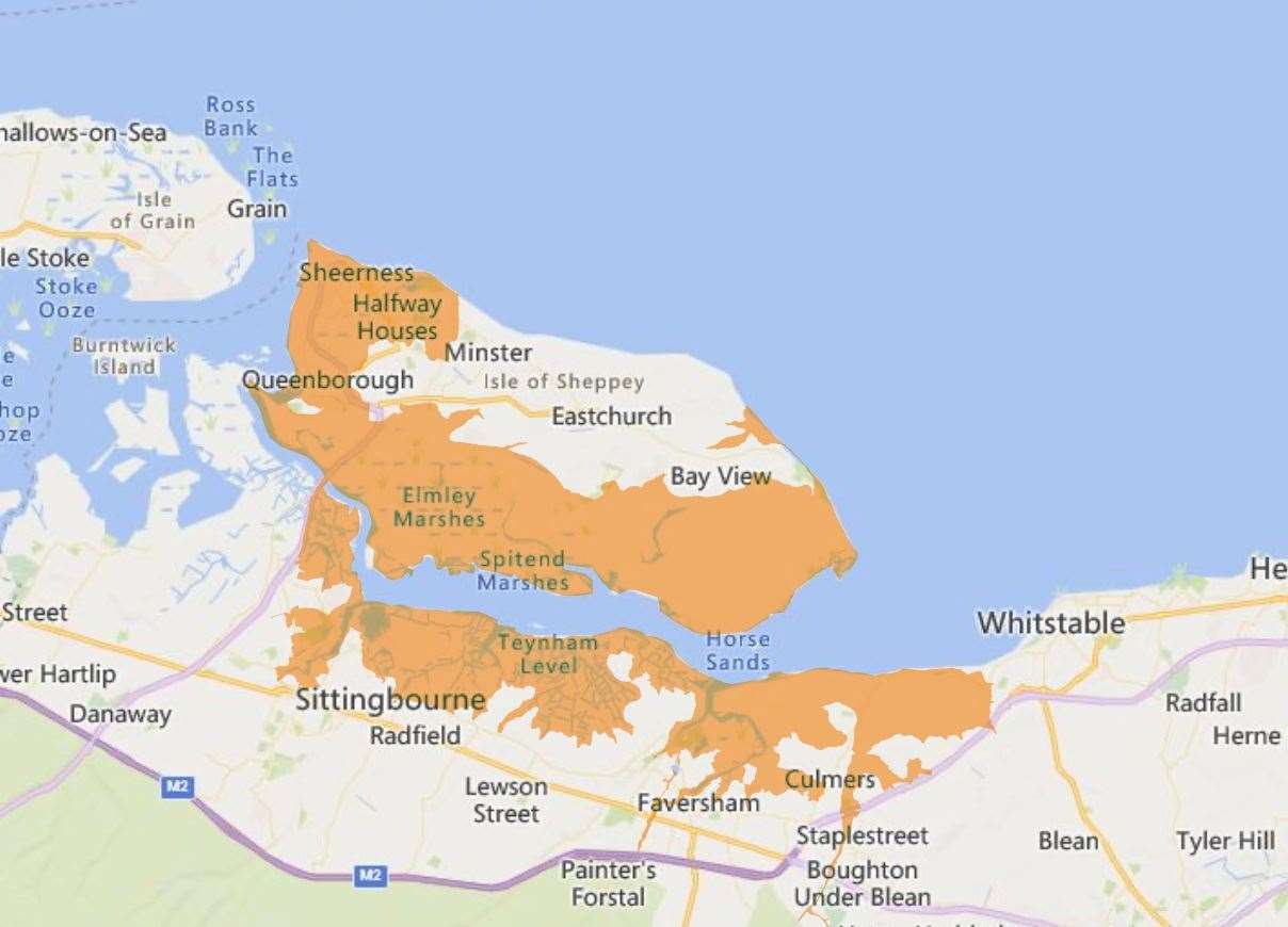 The flood warning for Sheppey and surrounding areas on October 19, 2024