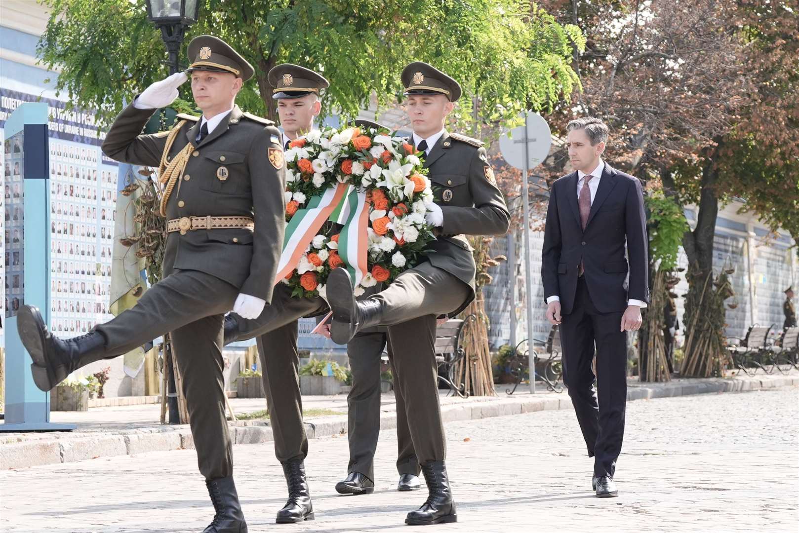 Taoiseach Simon Harris lays a wreath at the memorial in Maidan Nezalezhnosti square (Stefan Rousseau/PA)