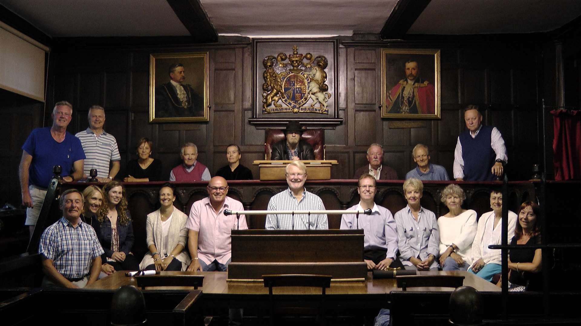 The cast of Man of Blood or Martyr of the People? The Trial of Charles 1st, inside the medieval courtroom of Sandwich Guildhall