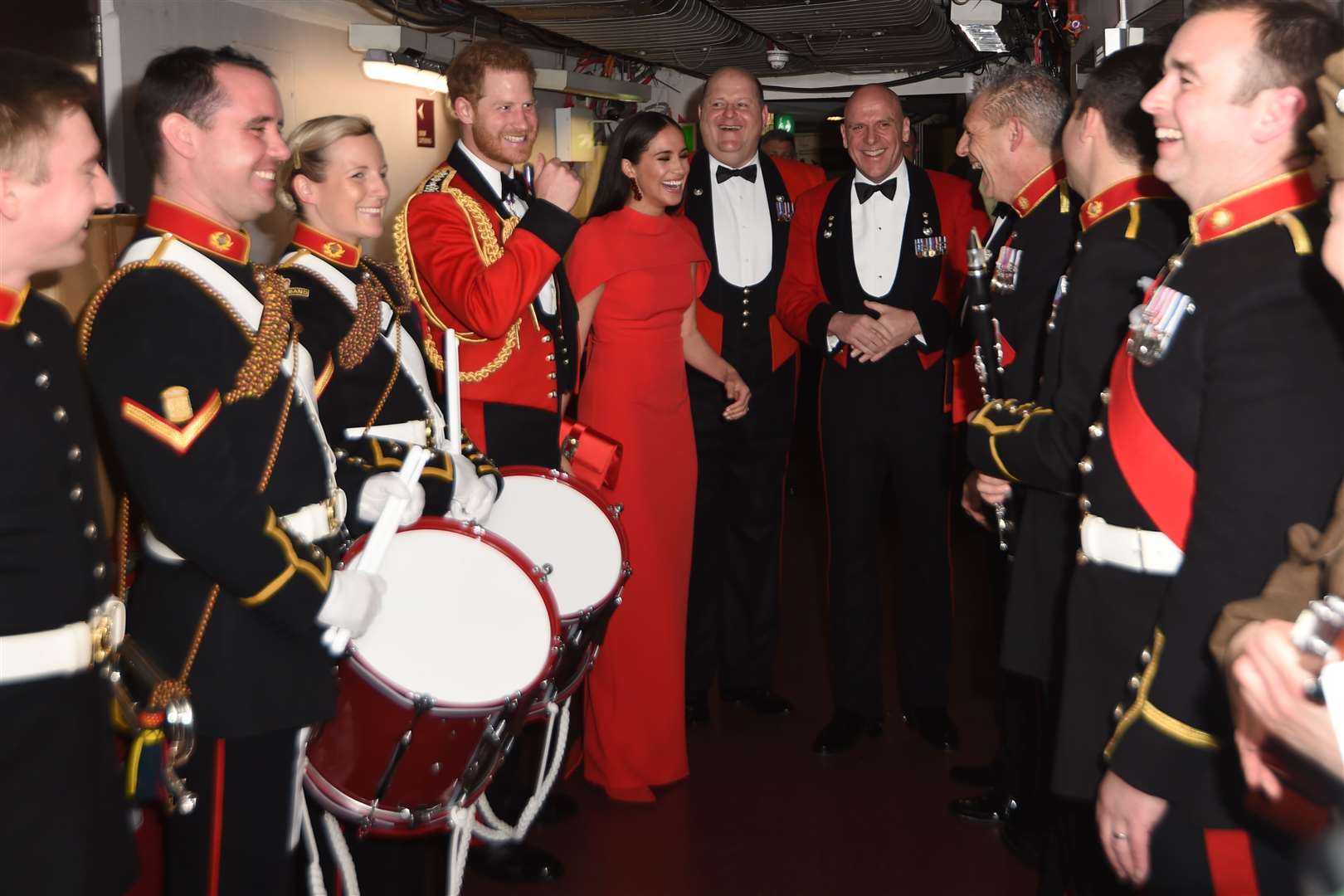 The Duke and Duchess of Sussex alongside the Massed Bands of Her Majesty’s Royal Marines at The Mountbatten Festival of Music at the Royal Albert Hall in early March (Eddie Mulholland/Daily Telegraph/PA)