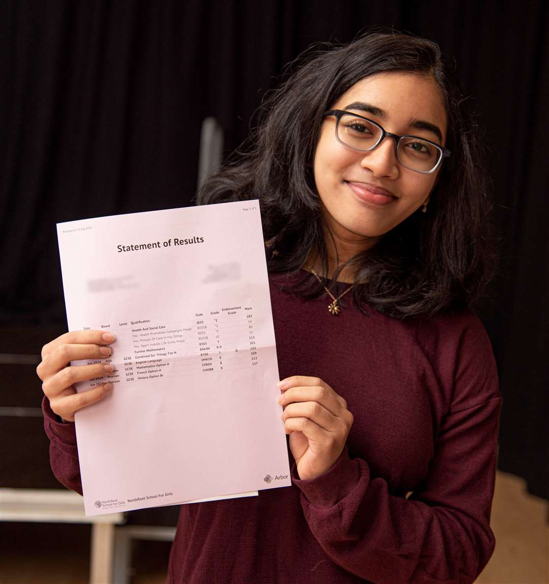 Northfleet School for Girls pupil Naisha Kashap achieved top grades in English and Maths