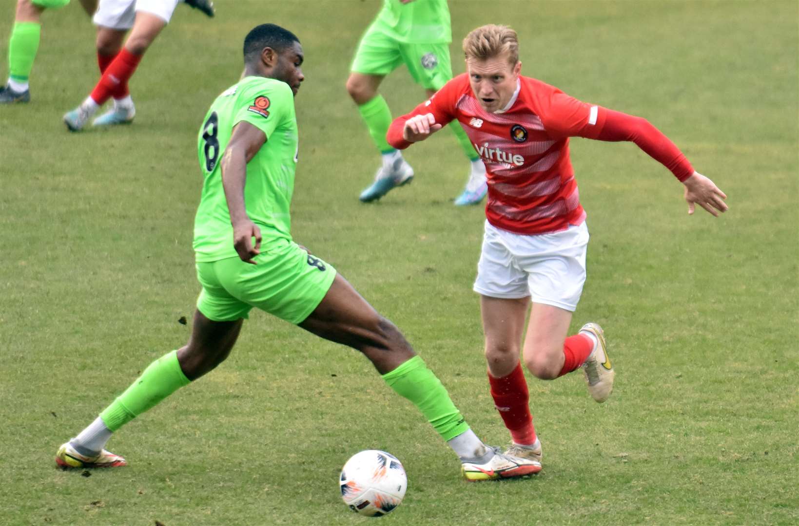 Ebbsfleet's Josh Wright goes past Hemel's Bayley Brown on Saturday. Picture: Ed Miller/EUFC