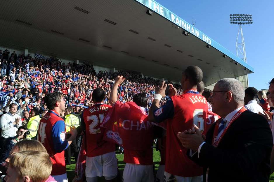 Gills fans celebrate infront of their fans in the Rainham End Pic:Barry Goodwi