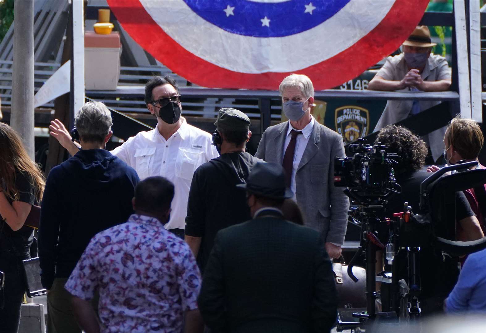 Director James Mangold with a body double for Harrison Ford (Andrew Milligan/PA)