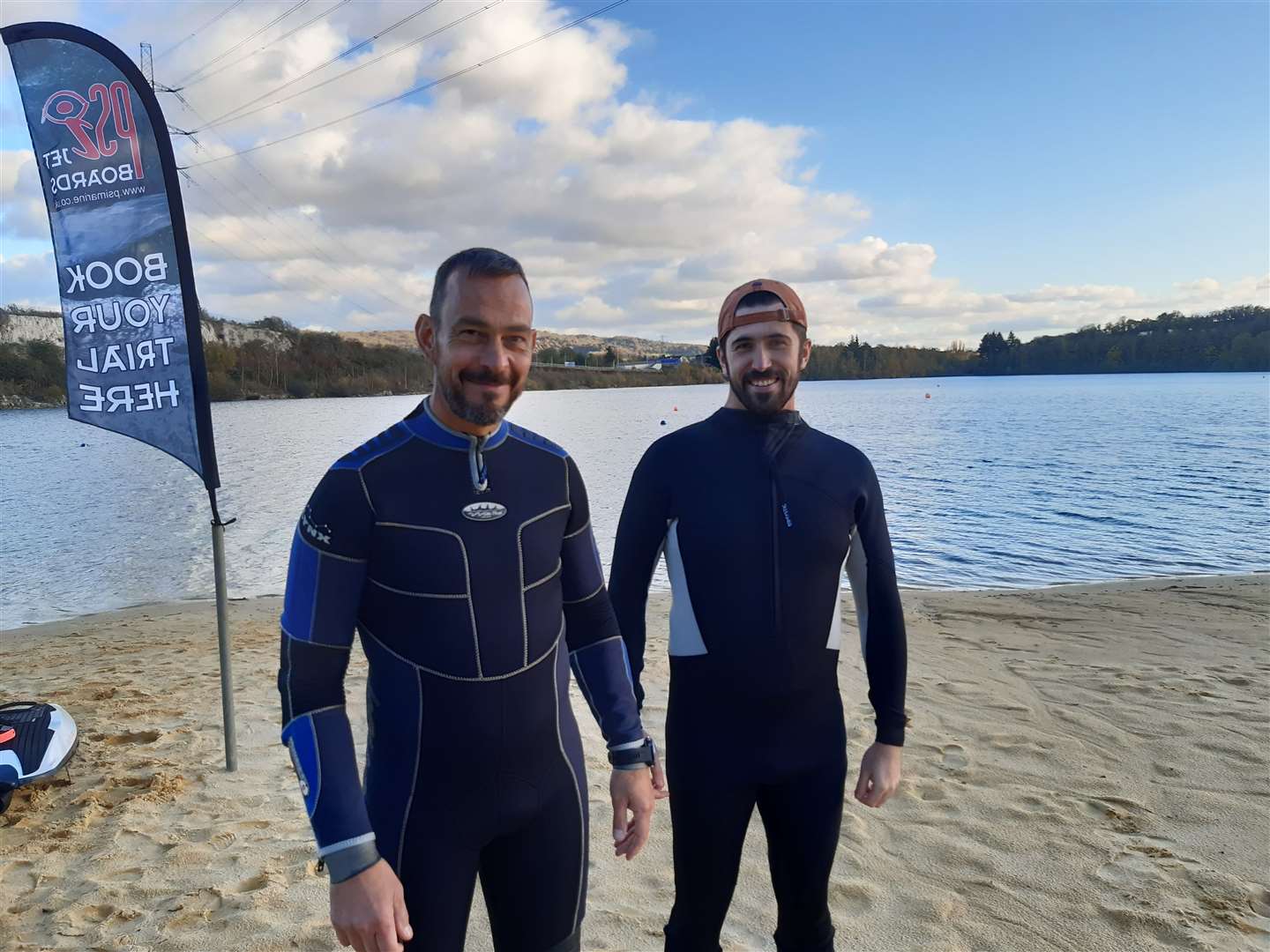 Paul Smith and reporter Ben Austin before jetboarding