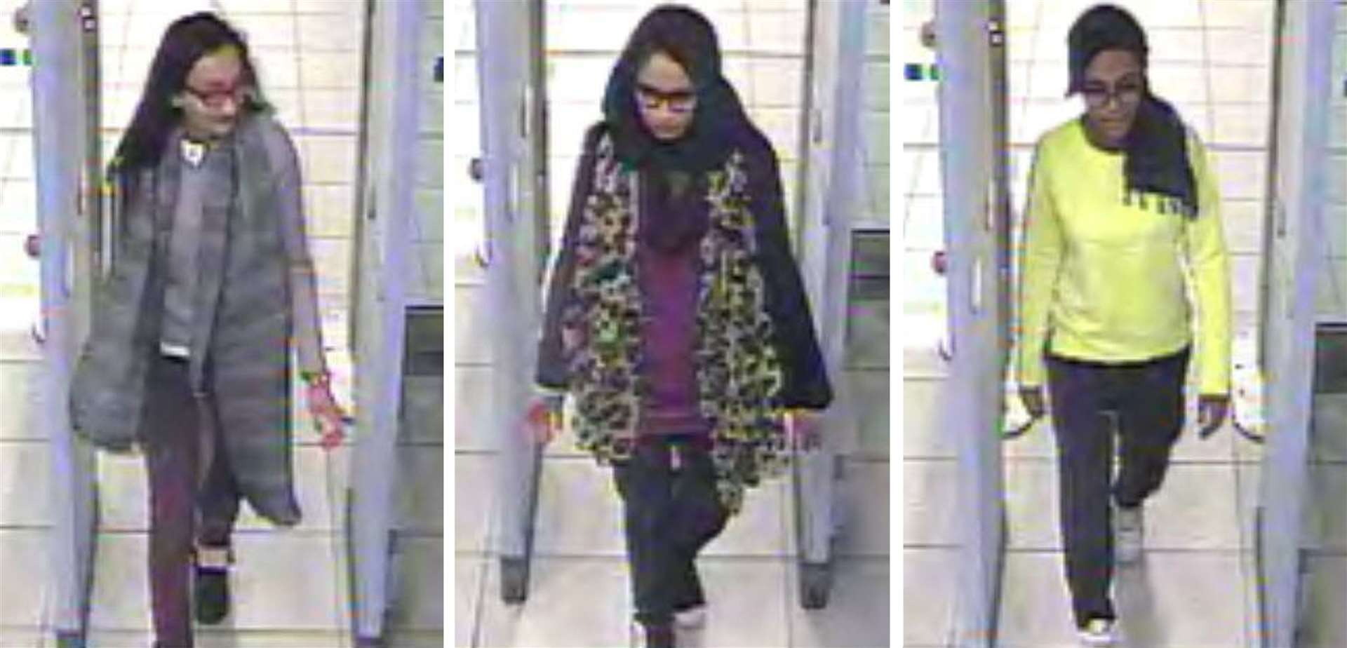 (left to right) Kadiza Sultana, then 16, and Shamima Begum and Amira Abase, both then 15, going through security at Gatwick Airport in 2015 (Metropolitan Police/PA)