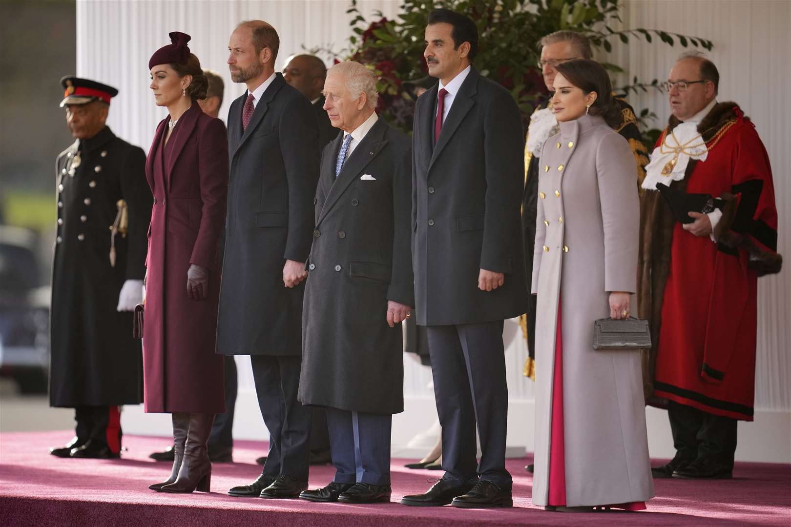 The royals and their guests at a ceremonial welcome at Horse Guards Parade (Kin Cheung/PA)