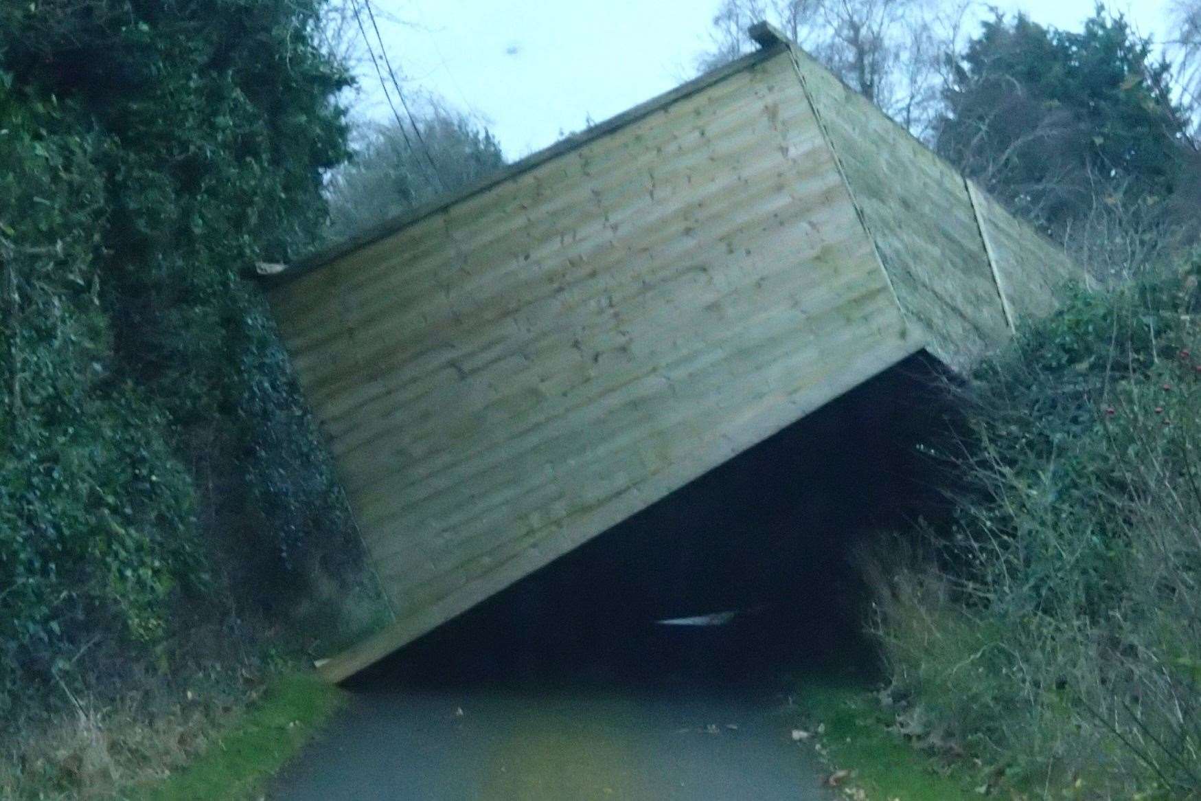 A shelter landed on Lower Street, Tilmanstone, near Deal, during Storm Darragh. Picture: John Brewin.