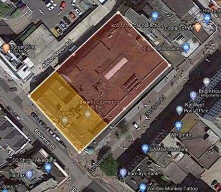 It could be created within the Victorian side of the ex-department store, which sits on the corner of Bouverie Place and Sandgate Road (in yellow). Photo: FHDC
