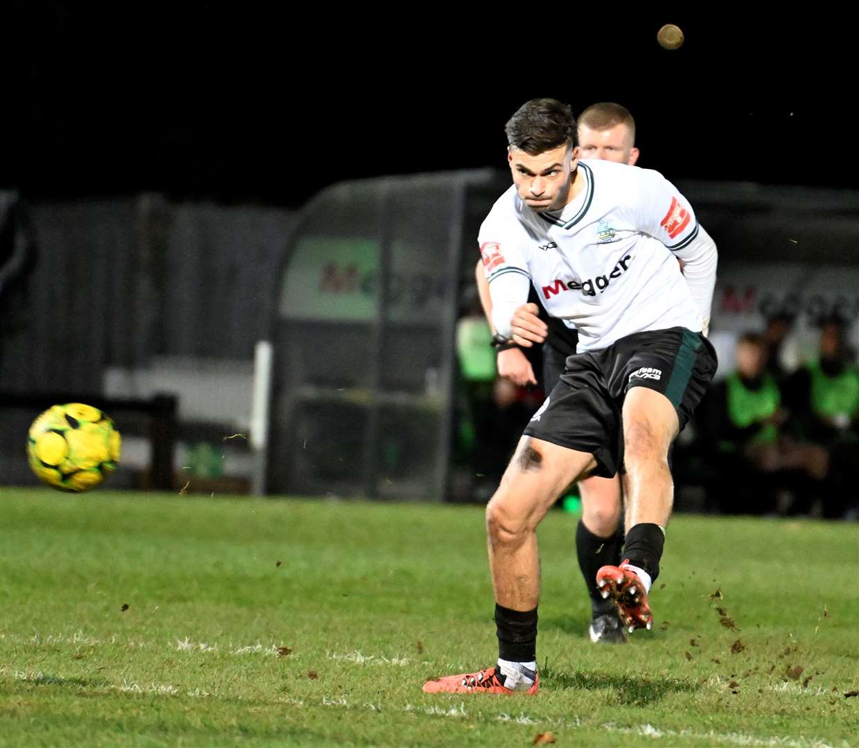 Goal number three is scored by 15-goal Dover striker George Nikaj. Picture: Barry Goodwin