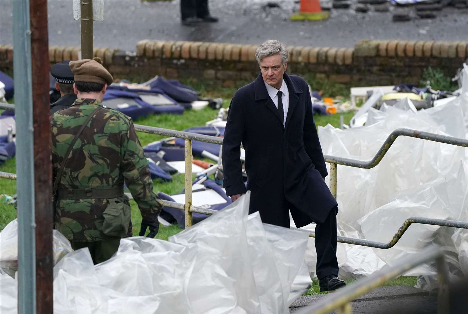 Colin Firth on set in Bathgate, West Lothian, during filming for Lockerbie: A Search for Truth (Andrew Milligan/PA)