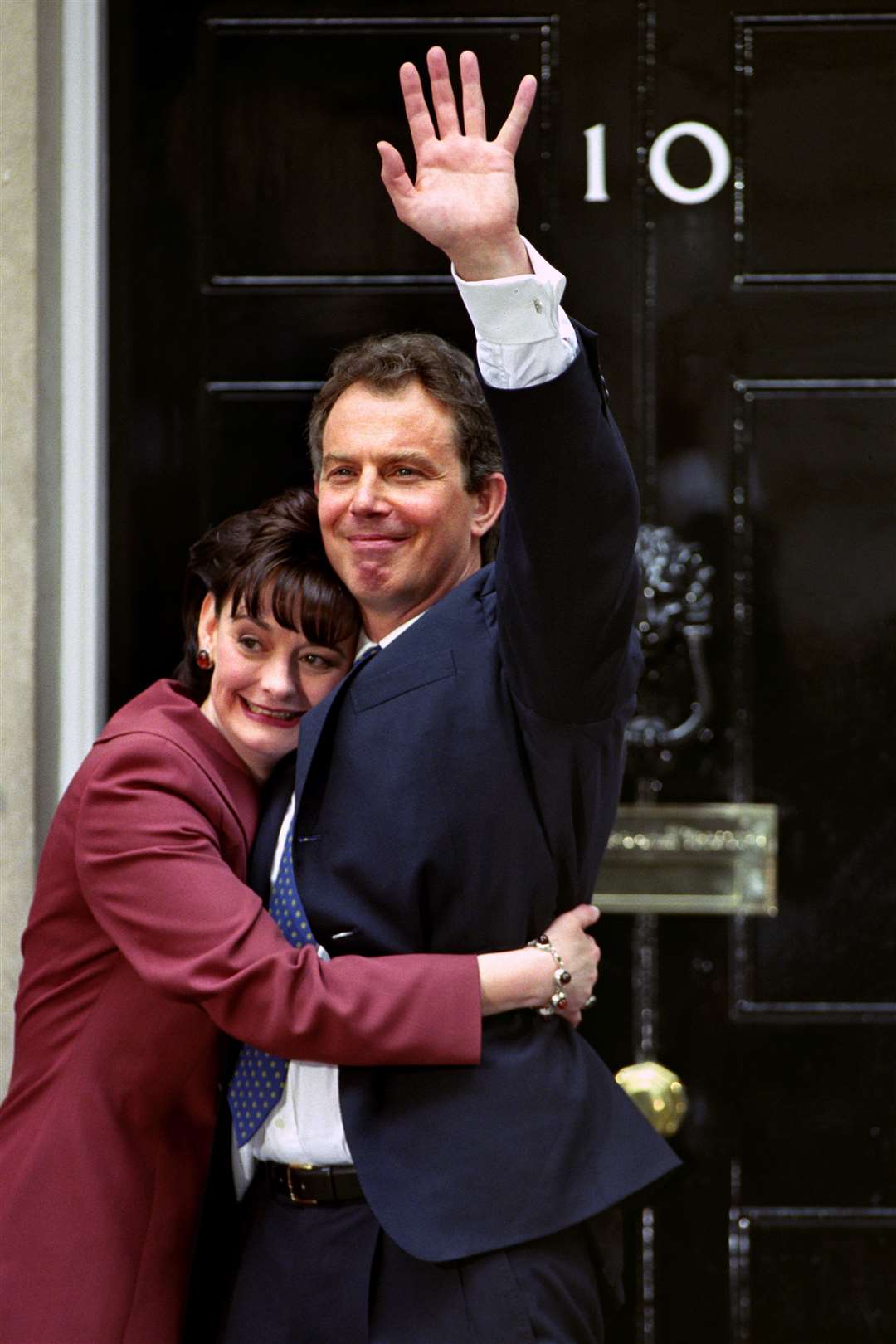 Sir Tony and Cherie Blair embrace in front of No 10 Downing Street after the Labour Leader was elected Prime Minister 27 years ago (Fiona Hanson/PA)