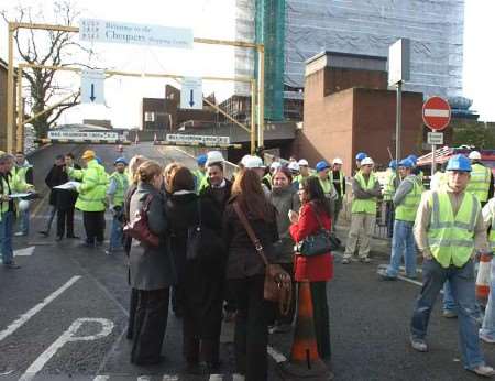 People outside the centre shortly after the evacuation. Picture: MATTHEW WALKER