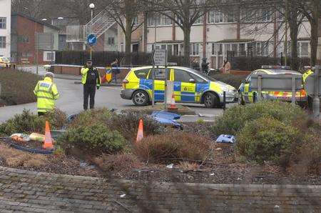 Debris on the roundabout after the crash that caused traffic gridlock in Canterbury