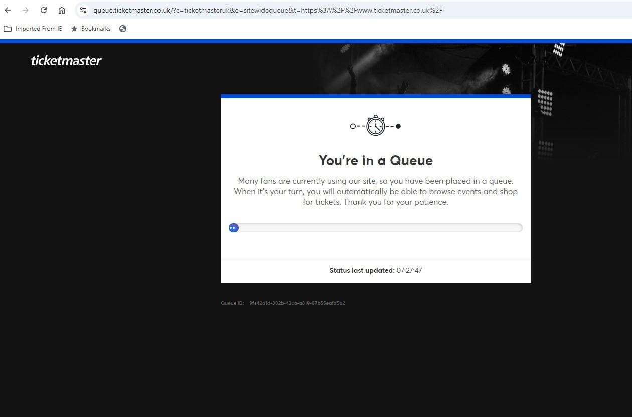 Screengrab taken from the ticketmaster.co.uk website at around 8.30am of the message of the queue to get onto their website for Oasis tickets (PA)