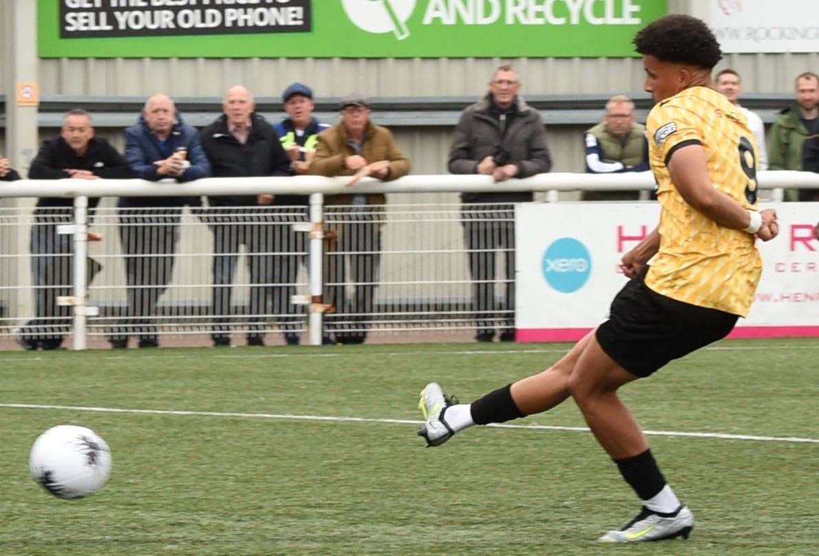 Maidstone’s Sol Wanjau-Smith scores from the penalty spot against Slough on Saturday. Picture: Steve Terrell