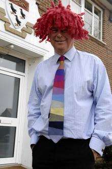 Clive Close, Head at Wincheap School, Canterbury in the wig worn during the mock kidnap.